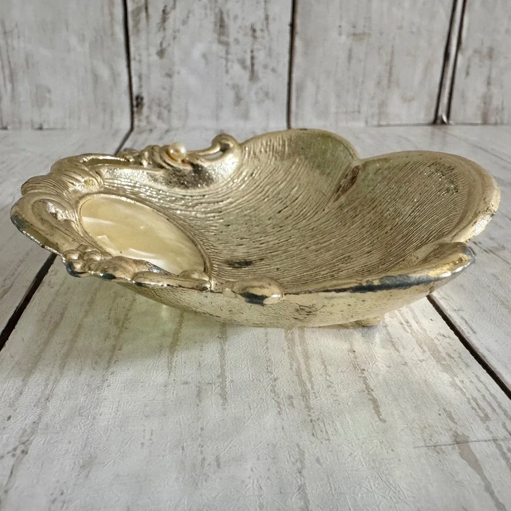 Vintage Hollywood Regency Gold Shell Trinket Dish Footed Faux Pearl Jewelry Tray